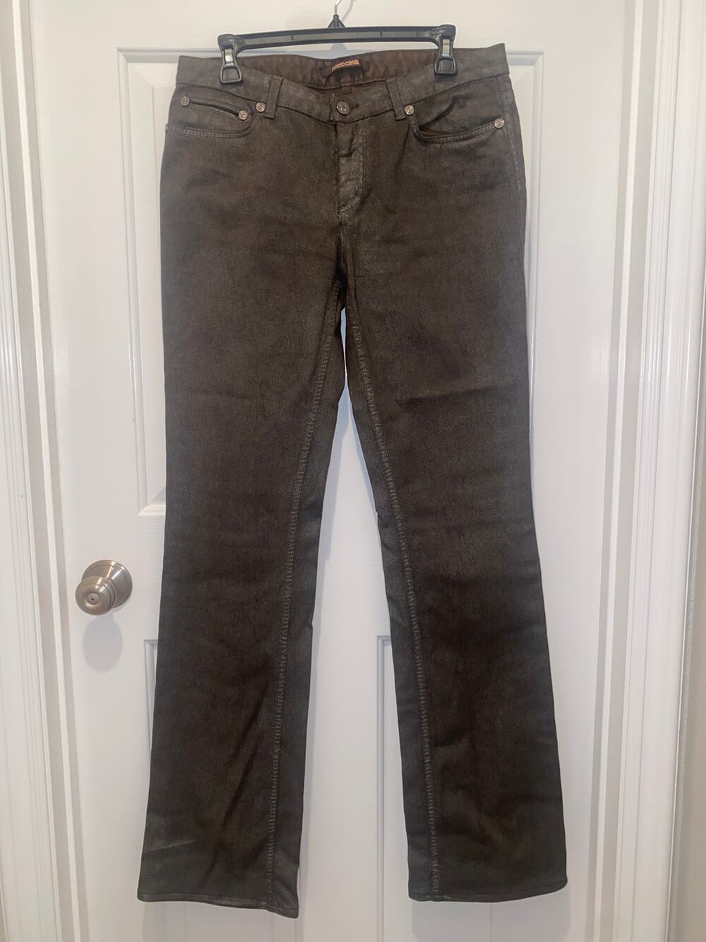 VTG 90's Y2K Roberto Cavalli Jeans Boot Cut Low Rise Metallic Black Size 46 US10